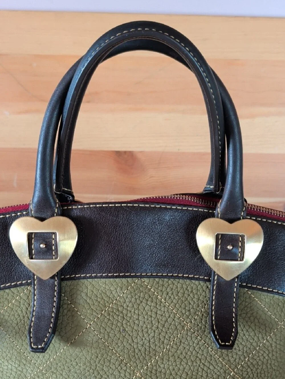 Dooney & Bourke Olive Green Quilted Satchel with Dark Brown Trim, No Strap.🌟🌟